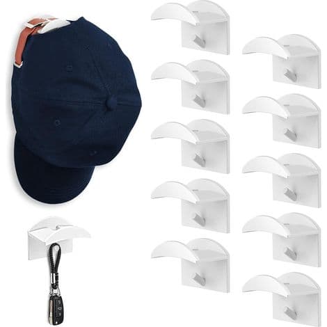 10 Hat Hooks, Rubber Cap Holders, No Drilling Required, for Hats, Wall-Mounted, Wardrobe, Closet, or Storage