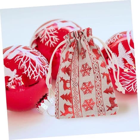 Linneväskor, set om 10, jutedragskoväskor, julelementstryck, julklappspåsar, hängande presentpåsar, snöflinga, röd, 10×14cm