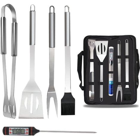 5-delt sett med termometer, grillredskapssett, bæreveske i rustfritt stål, grilltilbehør, camping