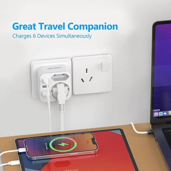 Rejseadapter med USB-C- og USB-A-porte til Australien og Kina