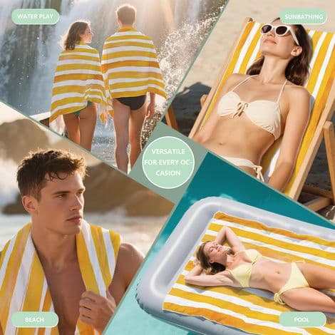 Stort, hurtigtørrende, gulstribet mikrofiber badehåndklæde til sommerferie og rejser