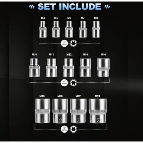 Torx hunnpipe sett 1/4\" 3/8\" 1/2\", profilpiper E Torx E4, E5, E6, E7, E8, E10, E11, E12, E14, E16, E18, E20, E22, E24 med koffert