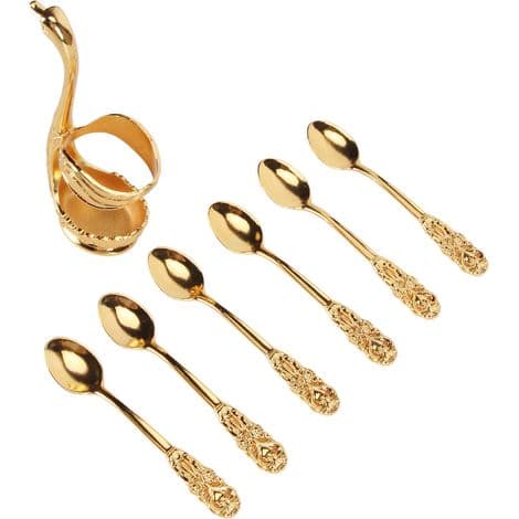 Sæt med 6 elegante og dekorative forgyldte teskeer med stativ til desserter, is og kager.
