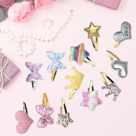 24 jentehårspenner: krone, stjerne, hjerte, sommerfugl, søte glitterspenner for kvinner og barn.