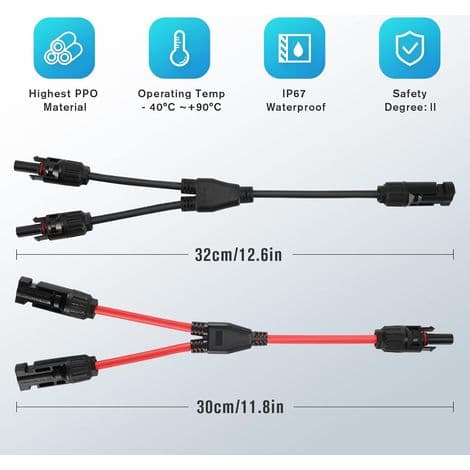Y-stik til solpaneler – 30A 1000V DC solcellekabel – UV- og vandafvisende – Hurtig og nem installation