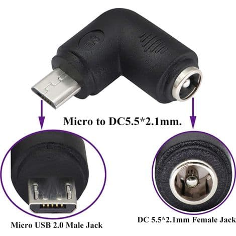 (2-pakkaus - Micro) 90 asteen DC 5.5x2.1mm - Micro USB 5V DC-virtalatausliitin matkapuhelimelle, tabletille, MP3-soittimelle ja Micro USB -laitteelle