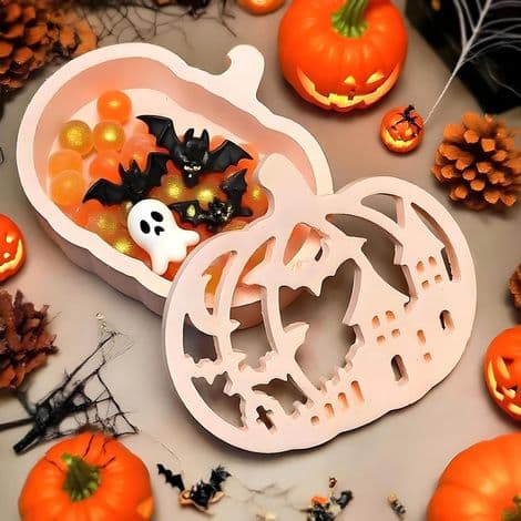 Set med 4 Halloween-pumpaformade silikonformar med Halloween-tema, för gipsgjutning och höstpyssel