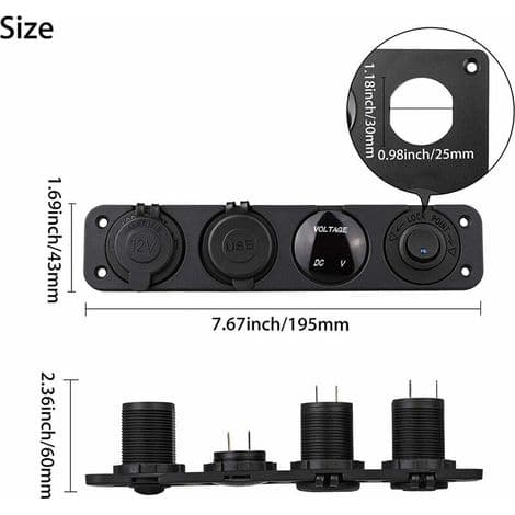 4-i-1 Marine Bryterpanel, 12V 4.2A Dobbel USB-lader Strømuttak med LED Voltmeter og Sigarettenner
