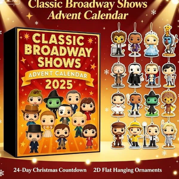 Klassisk Broadway Shows Julekalender 2026, 24-dages nedtælling til jul med 2D flade Broadway-karakterophæng