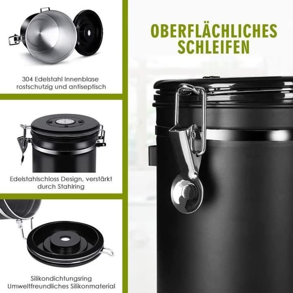 Kaffedåse, lufttæt 500g kaffedåse til malede kaffebønner, rustfrit stål med friskhedsindikator og ske, sort, 1,5L