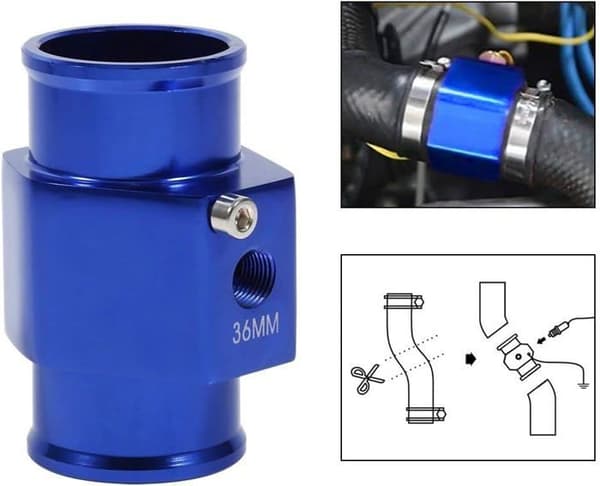 36 mm slangekobling, blå vandtemperatursensor, trykmåler, radiatorslangeadapter
