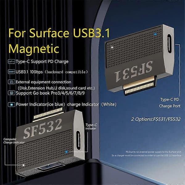 Typ A SF531 För Microsoft Surface Tablet Laptop USB3.1 Adapter 40-pin Converter Stödjer Laddning