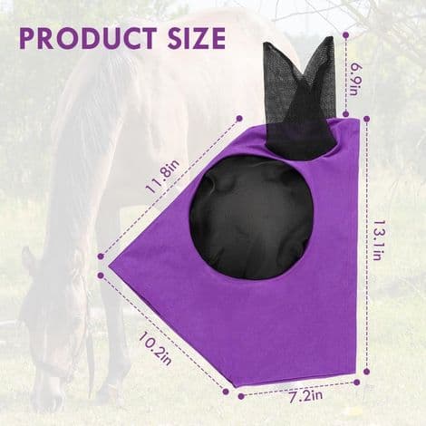 Elastisk fluehette til hest, fluehette i nylon, fluesikker/UV-beskyttelse/øye- og ørebeskyttelse, lilla