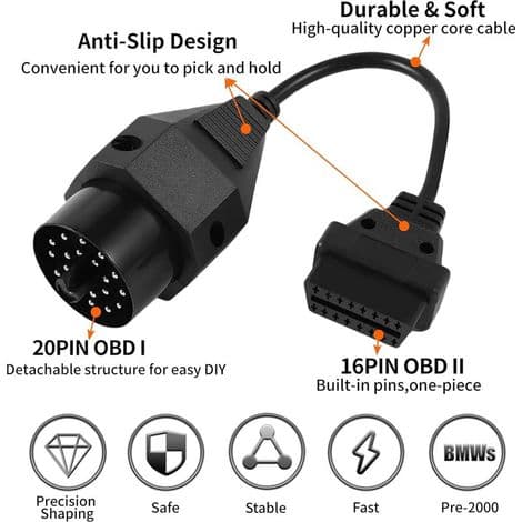 OBD-adapterkabel, 20-bens rund han til 16-bens hun OBD2-stik, stik til 20-bens OBDII-diagnosescanner til BMW E36 E38 E39 E46 E53 X5 Z3