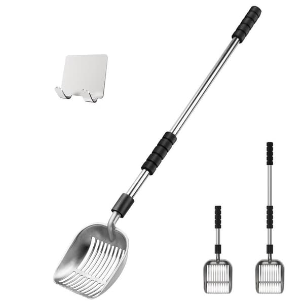 Justerbar kattesandspade – Solid og praktisk spade i rustfritt stål (spaltet design)
