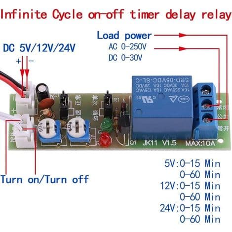 Justerbar uendelig cyklus timer-switch on/off relæmodul (DC12V, 0-15min)