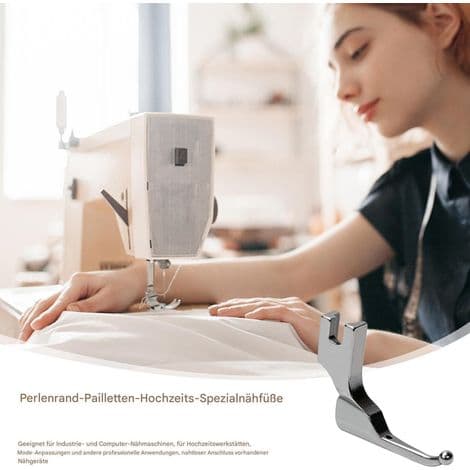 Symaskintilbehør: plug-in-system, trykkfot, syguide, krøllbeskytter