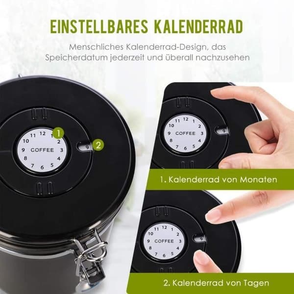 Kaffedåse, lufttæt 500g kaffedåse til malede kaffebønner, rustfrit stål med friskhedsindikator og ske, sort, 1,5L