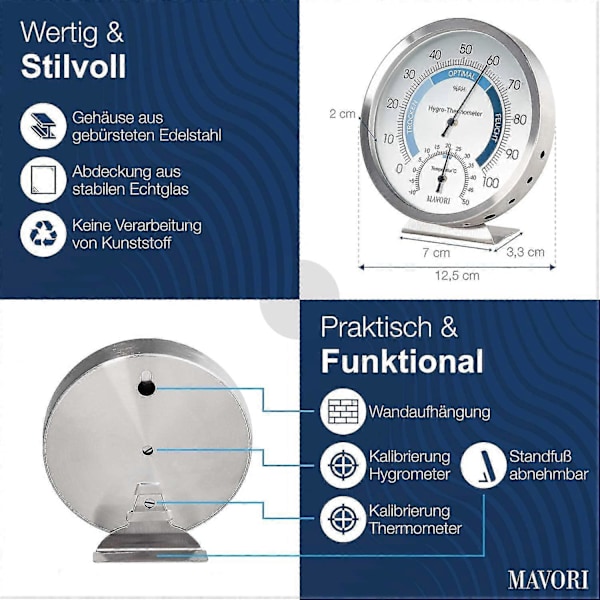 Indendørs Analog Hygrometer Termometer - Rustfrit Stål Fugtighedsmåler og Rumtermometer