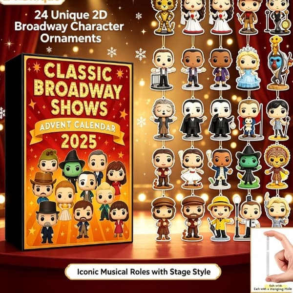 Klassisk Broadway Shows Julekalender 2026, 24-dages nedtælling til jul med 2D flade Broadway-karakterophæng