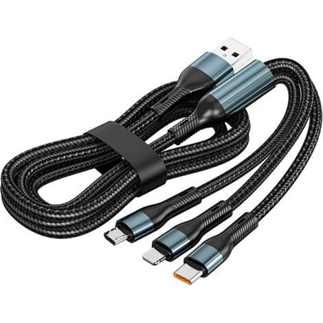 3-i-1 flettet nylon multi-ladekabel, USB hurtiglader for flere telefoner