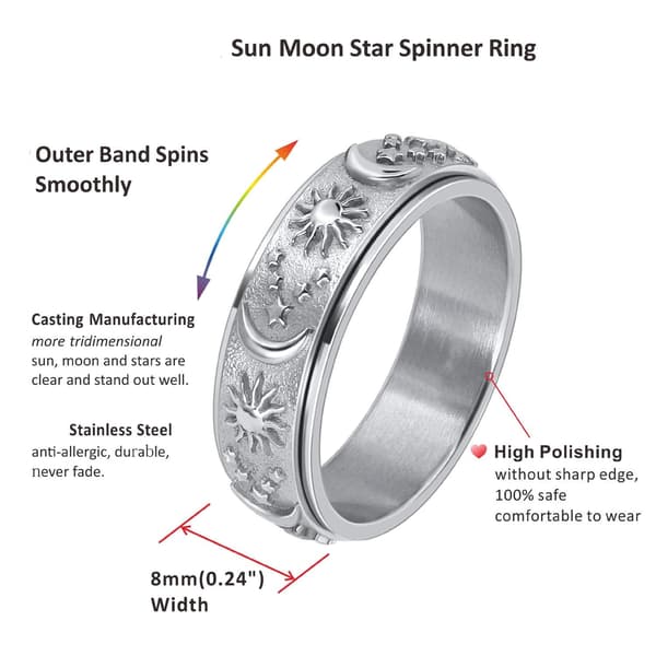 Måne og stjerne anti-stress ring rustfrit stål Sølv 24 mm