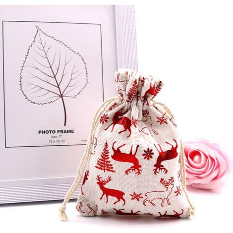 Linneväskor, set om 10, jutedragskoväskor, julgransmönster, julklappspåsar, hängande presentpåsar, snöflinga, röd, 15×20cm