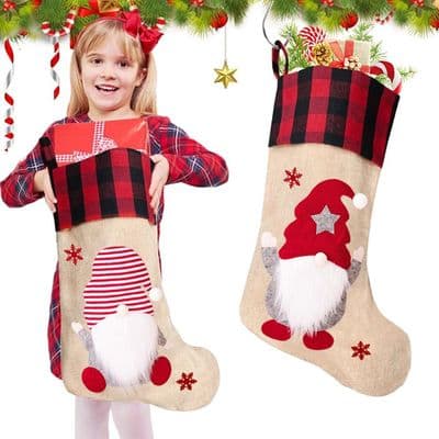 Store julestrømper til ophæng, lavet af jute og non-woven stof, 2 klassiske mønstrede julepyntstrømper