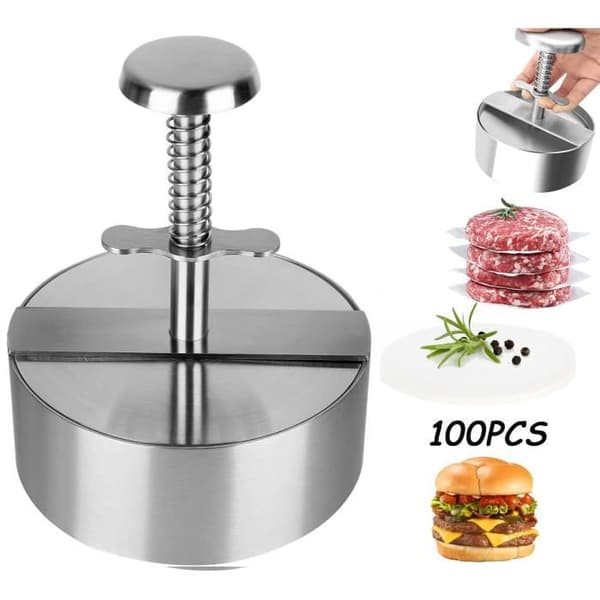 Burgerpresse - Justerbar - Rustfrit Stål - 8.9x8.9x14cm - 100 Bagepapirark