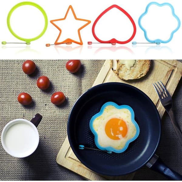 Sett med 4 silikonpannekake- og eggeformer med håndtak: egg, runde, blomst, stjerne og hjerteformer
