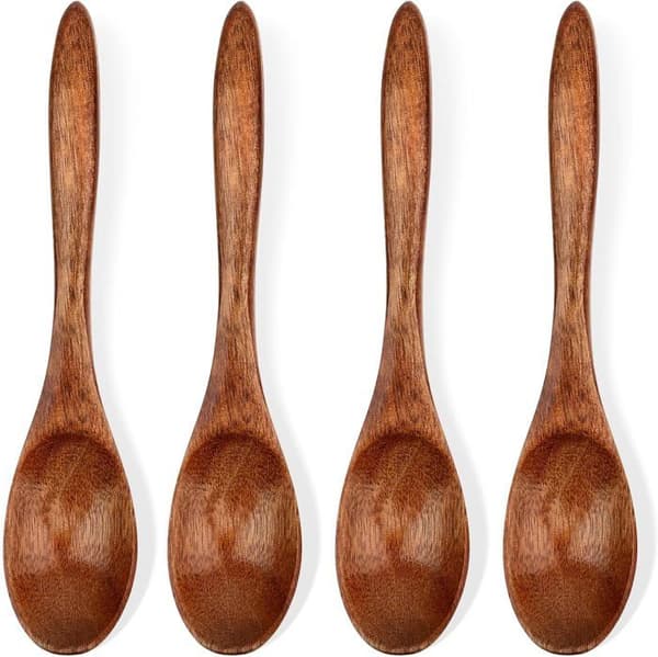 Set med 4 små träskedar, 15 cm, mini träserveringsskedar för kaffe, te, kryddor