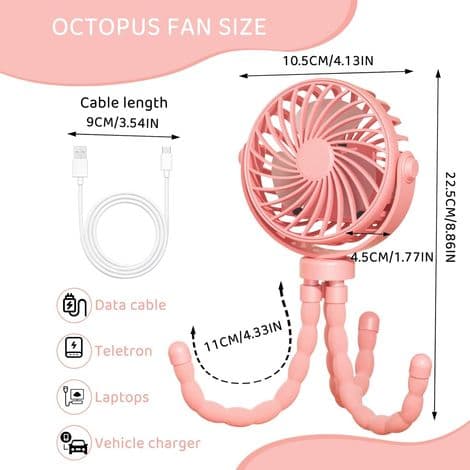 Bærbar Klapvognsventilator, USB Genopladelig Ventilator, Miniventilator med Fleksibelt Stativ, 360° Roterende, 3 Hastighedsindstillinger til Rejser, Sæde, Soveværelse (Pink)