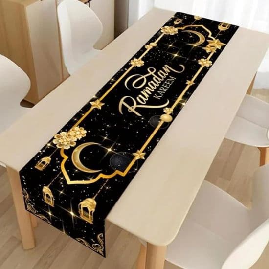 Bordslöpare - Eid Mubarak - Svart - 180x35 cm - Slitstark polyester - Ramadan-dekoration