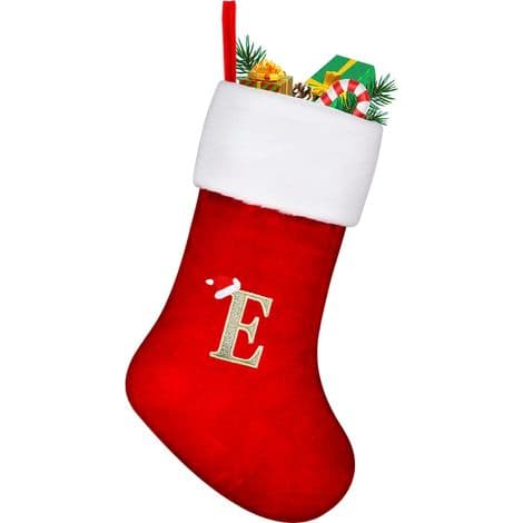 Stor 45 cm röd julstrumpa med bokstaven \"E\"