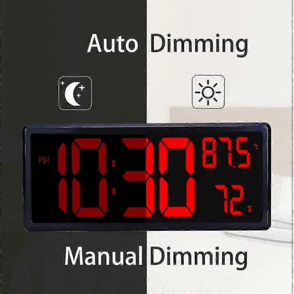 Stor Digital Väggklocka, Digital Klockdisplay Med Temperatur Och Luftfuktighet, 14,3 Tum LED-Siffror - JS