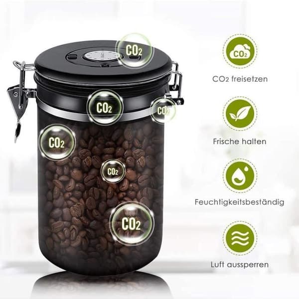 Kaffedåse, lufttæt 500g kaffedåse til malede kaffebønner, rustfrit stål med friskhedsindikator og ske, sort, 1,5L