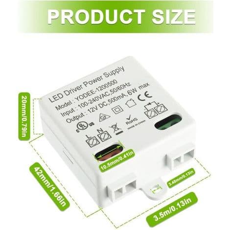 Mini 12V DC 6W LED-transformator for 12V lavspent LED-lamper eller andre strømforsyninger, liten og flat, ingen krav til minimumsbelastning (1 stk).