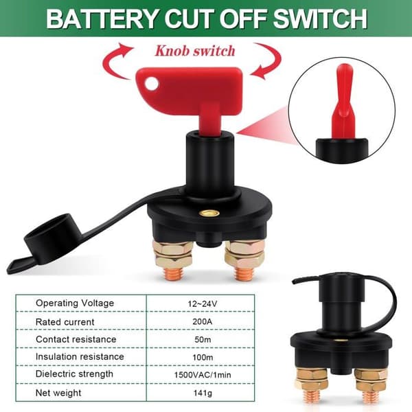Isolatorafbryder - AIMOONSA - Batterifrakoblingsafbryder - 12/24V - 200A - Vandtæt hætte