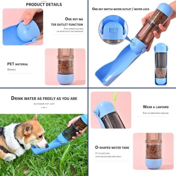 Hundetilbehør - Reisevannflaske - 300 ml vann - 200 ml mat - Bærbart design