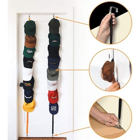 Kepsförvaring - Metallfäste med elastisk över-dörr-fäste - Lämplig för baseballkepsar och andra hattar - 2 delar
