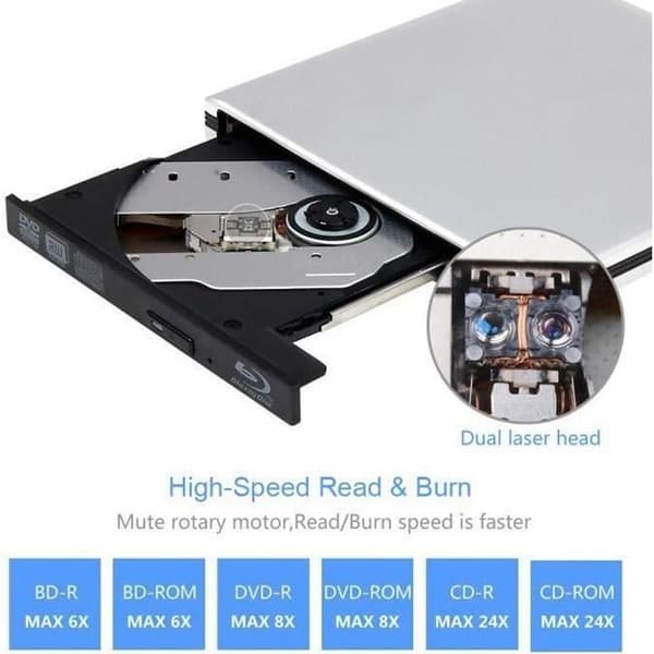 Ultratynn ekstern bærbar 4K 3D Blu-ray DVD-spiller og CD-RW-brenner for Mac OS, Linux, Windows XP/Vista/7/8/10, PC