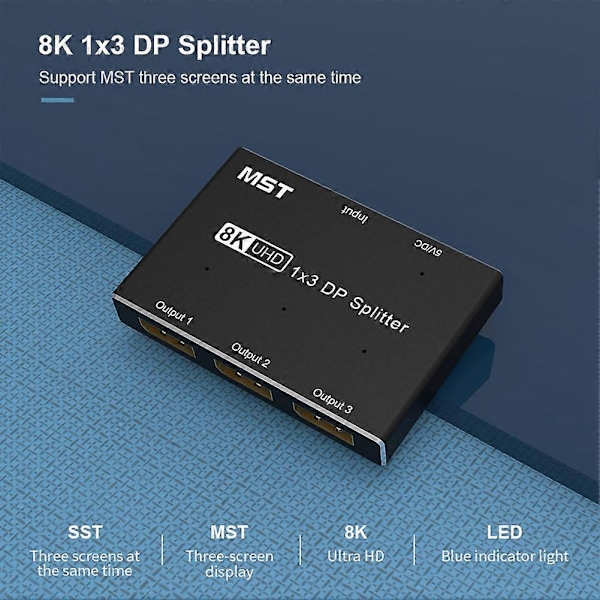 Displayport 8K 1X3 DP Splitter 8K60Hz 4K120Hz MST Hub Multi Monitor Splitter med Utökat Läge