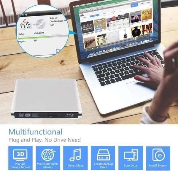 Ultraslank ekstern bærbar 4K 3D Blu-ray DVD-afspiller og CD-RW-brænder til Mac OS, Linux, Windows XP/Vista/7/8/10, PC