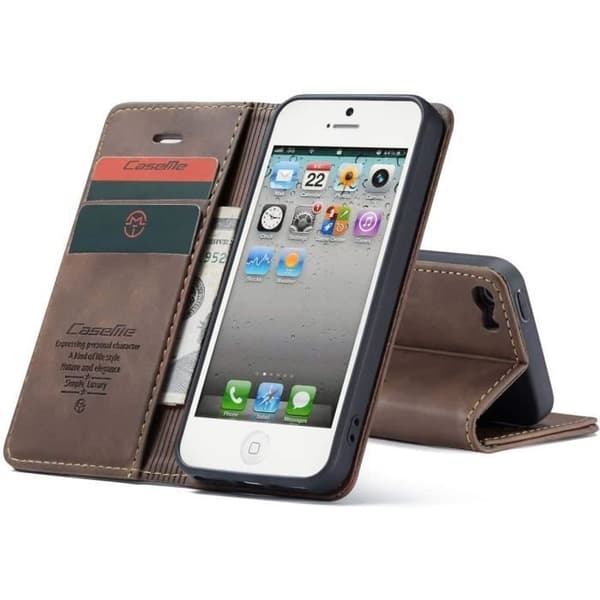 Fodral till iPhone 5/5S/SE 2016, Stötsäkert Premium Läder Flip Plånboksfodral, Kaffe