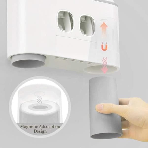 Automatisk tandkrämsdispenser - 2 tandkrämspressare - 5 borstar - 4 koppar - Vit