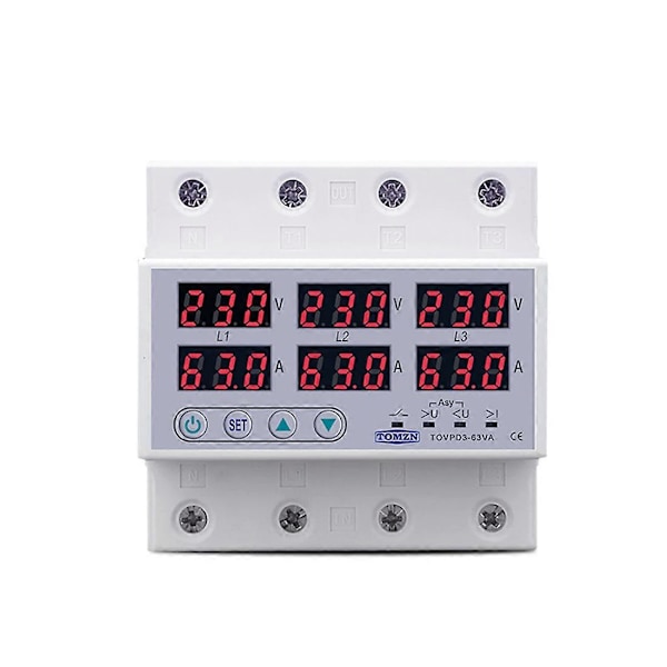 TOMZN DIN-skena 3-fas Spänningsrelä 3P+N Voltmeter Amperemeter Över- och Underspänningsövervakare Reläskydd 63A 230V med N