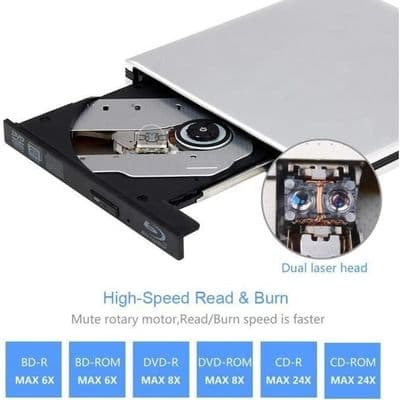 Ultraslank ekstern bærbar 4K 3D Blu-ray DVD-afspiller og CD-RW-brænder til Mac OS, Linux, Windows XP/Vista/7/8/10, PC
