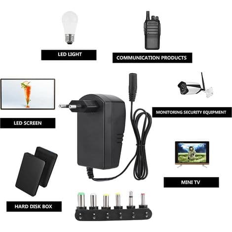 Universell 30W 3V-12V Justerbar Strømadapter med 6 Tupper (EU-plugg 100-240V)