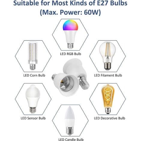 E14 til E27 Sokkeladapter, SES til ES Sokkelomformer, 0-250V, for E27 Pærer, LED-pærer, Glødepærer, Halogenlamper, CFL-lamper, Pakke med 2