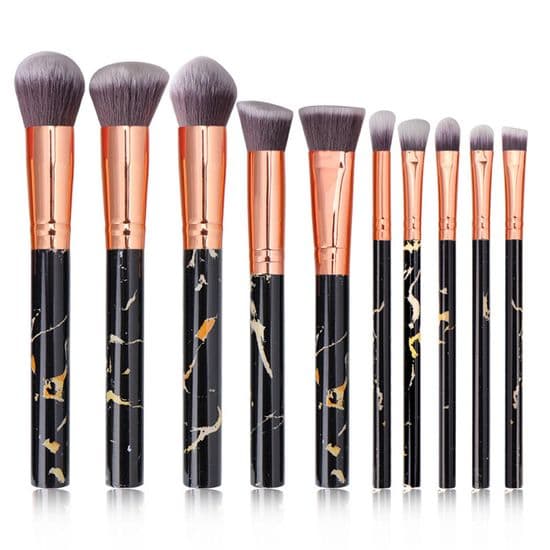 Sæt med 10 marmor makeupbørster til foundation, pudder, blush, blending, øjenskygge